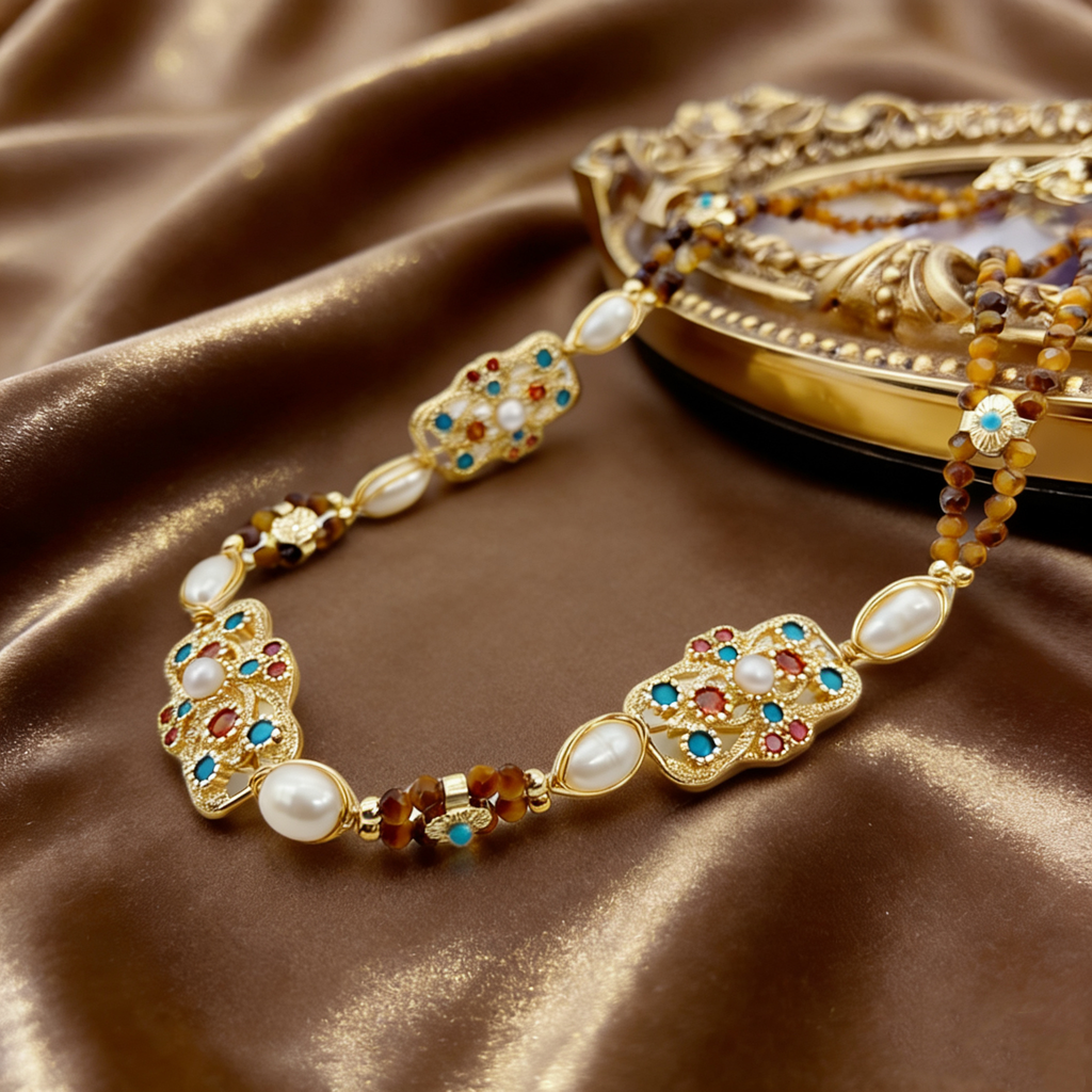 Celestial Star Freshwater Pearl & Tiger's Eye Necklace | Organic Starry Gemstone Jewelry