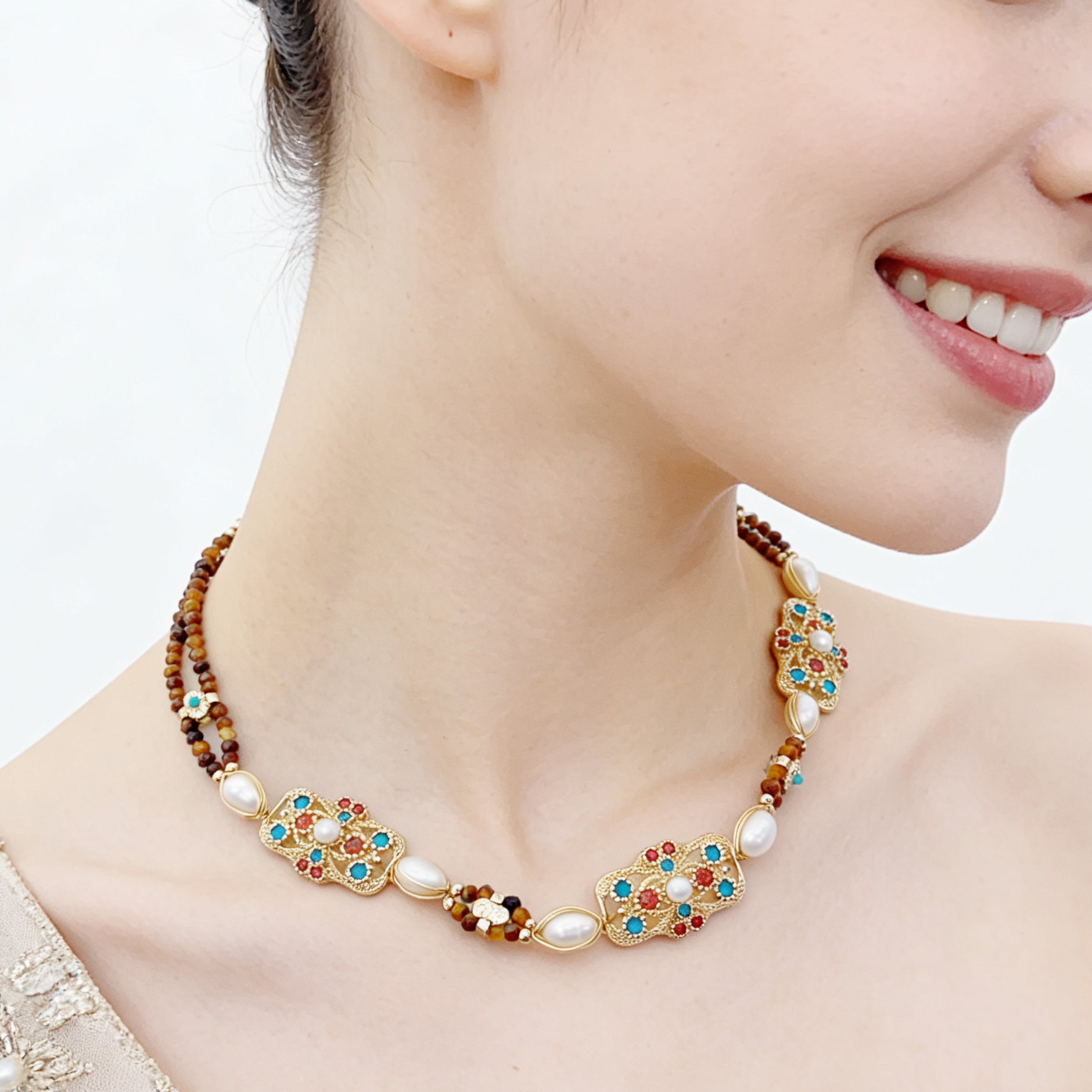 Celestial Star Freshwater Pearl & Tiger's Eye Necklace | Organic Starry Gemstone Jewelry