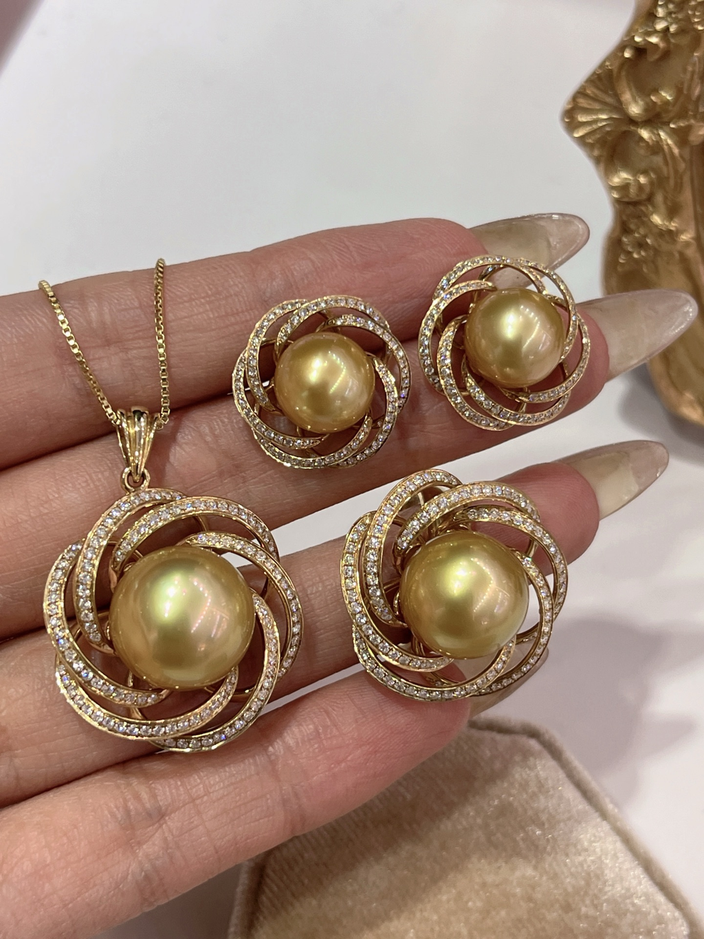 18K Yellow Gold Natural Diamond Set — Bead-Set Design Necklace, Ring, and Stud Earrings
