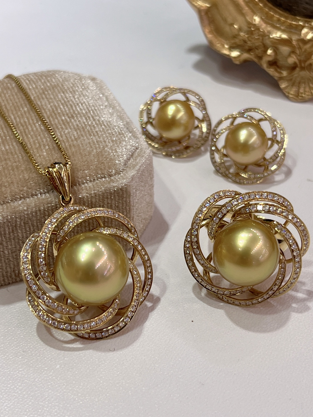 18K Yellow Gold Natural Diamond Set — Bead-Set Design Necklace, Ring, and Stud Earrings