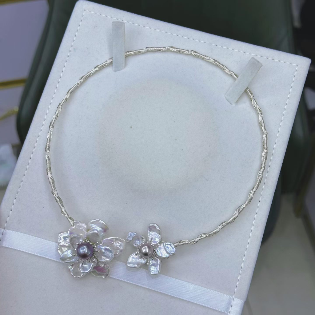 Silver Baroque Pearl Necklace – Handcrafted Petal Pearl Jewelry for Women