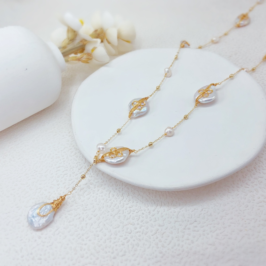 Hand-Wrapped White Baroque Pearl Necklace – Artisan Wire-Wrapped Freshwater Pearl Pendant