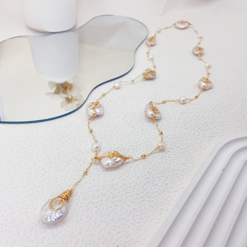Hand-Wrapped White Baroque Pearl Necklace – Artisan Wire-Wrapped Freshwater Pearl Pendant