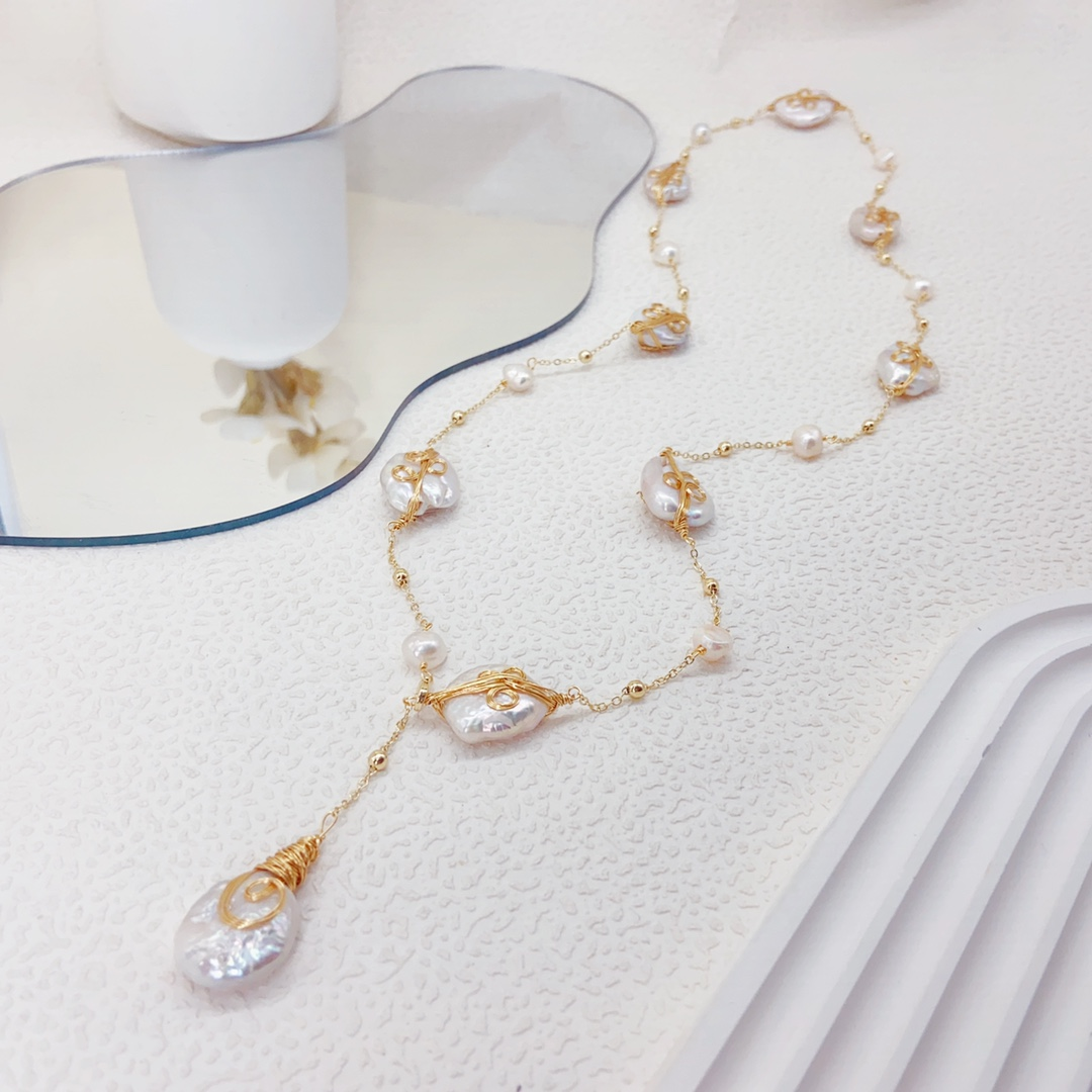 Hand-Wrapped White Baroque Pearl Necklace – Artisan Wire-Wrapped Freshwater Pearl Pendant