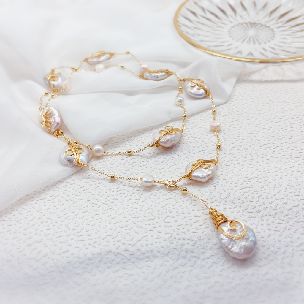 Hand-Wrapped White Baroque Pearl Necklace – Artisan Wire-Wrapped Freshwater Pearl Pendant