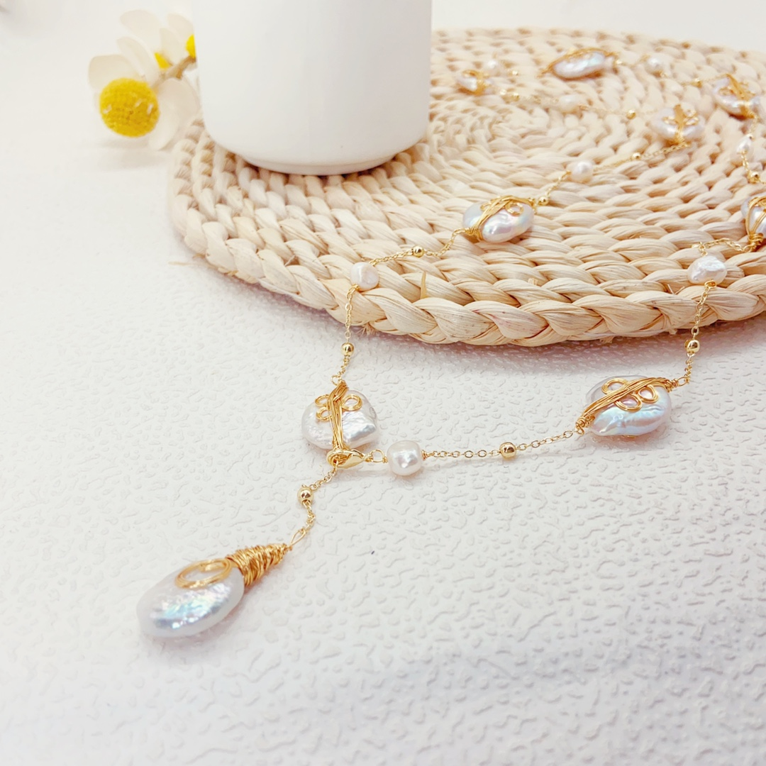 Hand-Wrapped White Baroque Pearl Necklace – Artisan Wire-Wrapped Freshwater Pearl Pendant