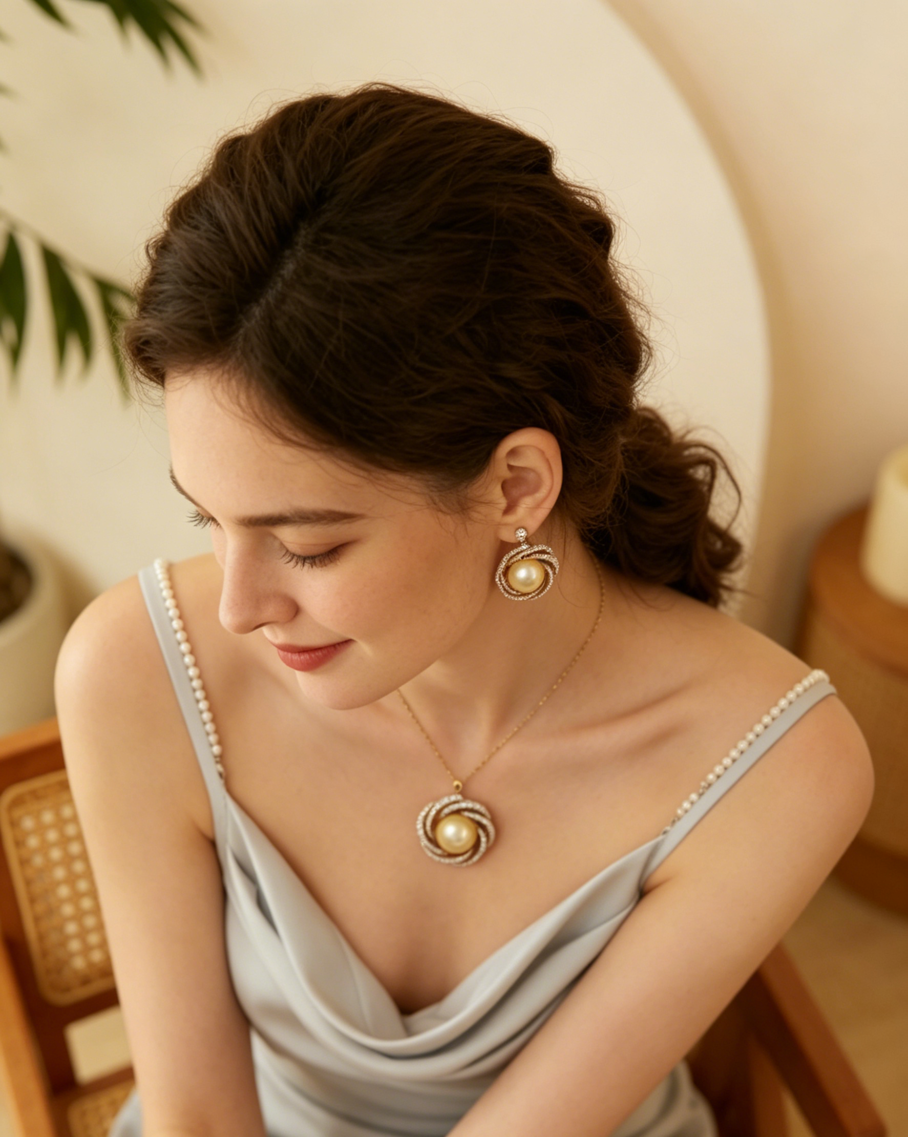 18K Yellow Gold Natural Diamond Set — Bead-Set Design Necklace, Ring, and Stud Earrings