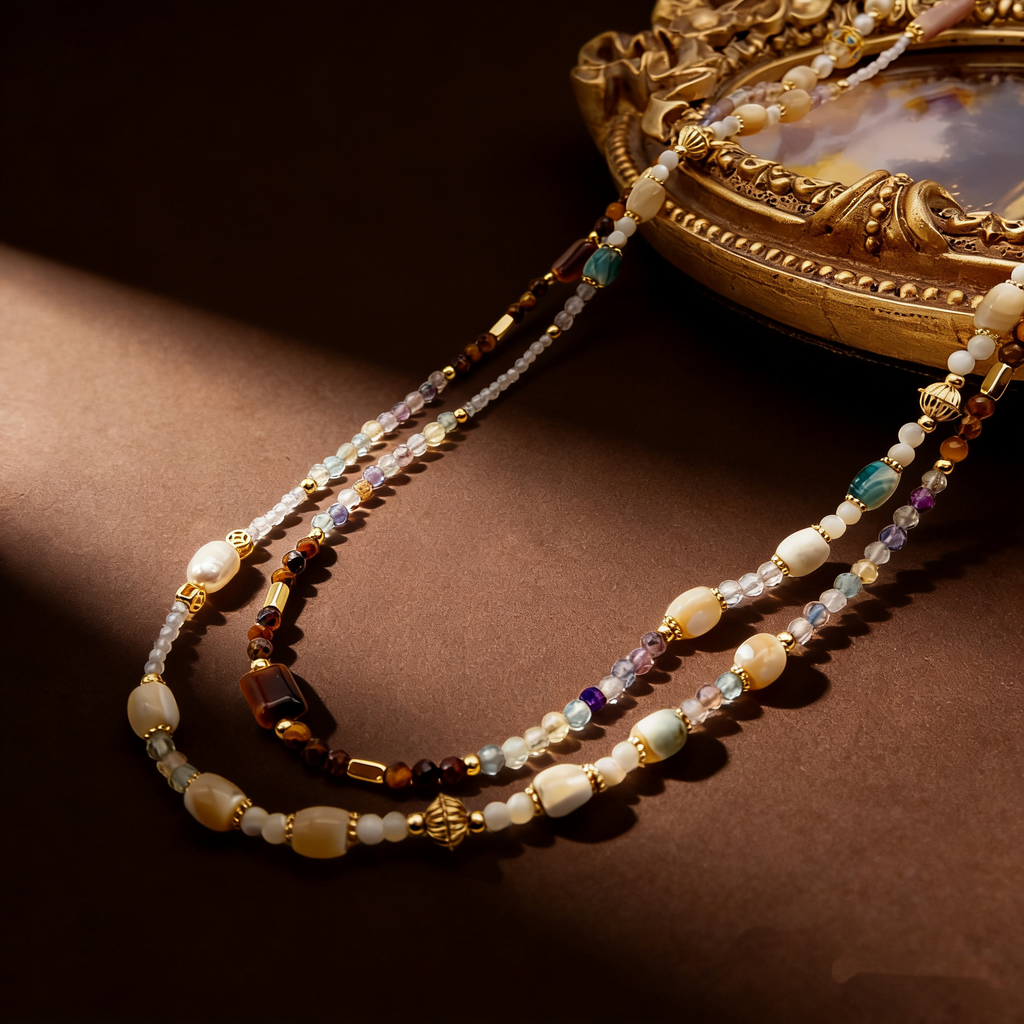 Boho Statement Baroque Pearl Necklace with Tiger's Eye, Fluorite, and Red Jasper