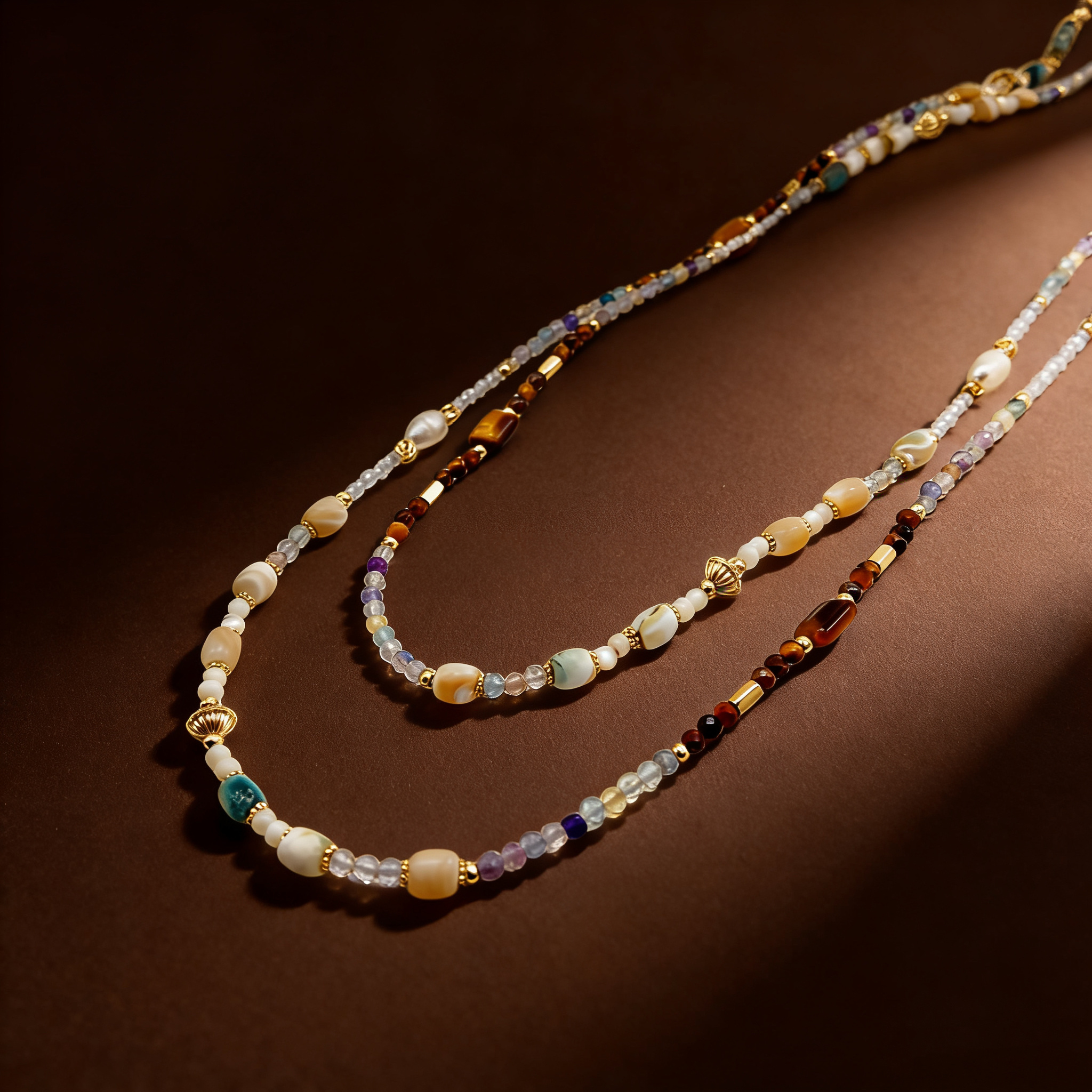 Boho Statement Baroque Pearl Necklace with Tiger's Eye, Fluorite, and Red Jasper