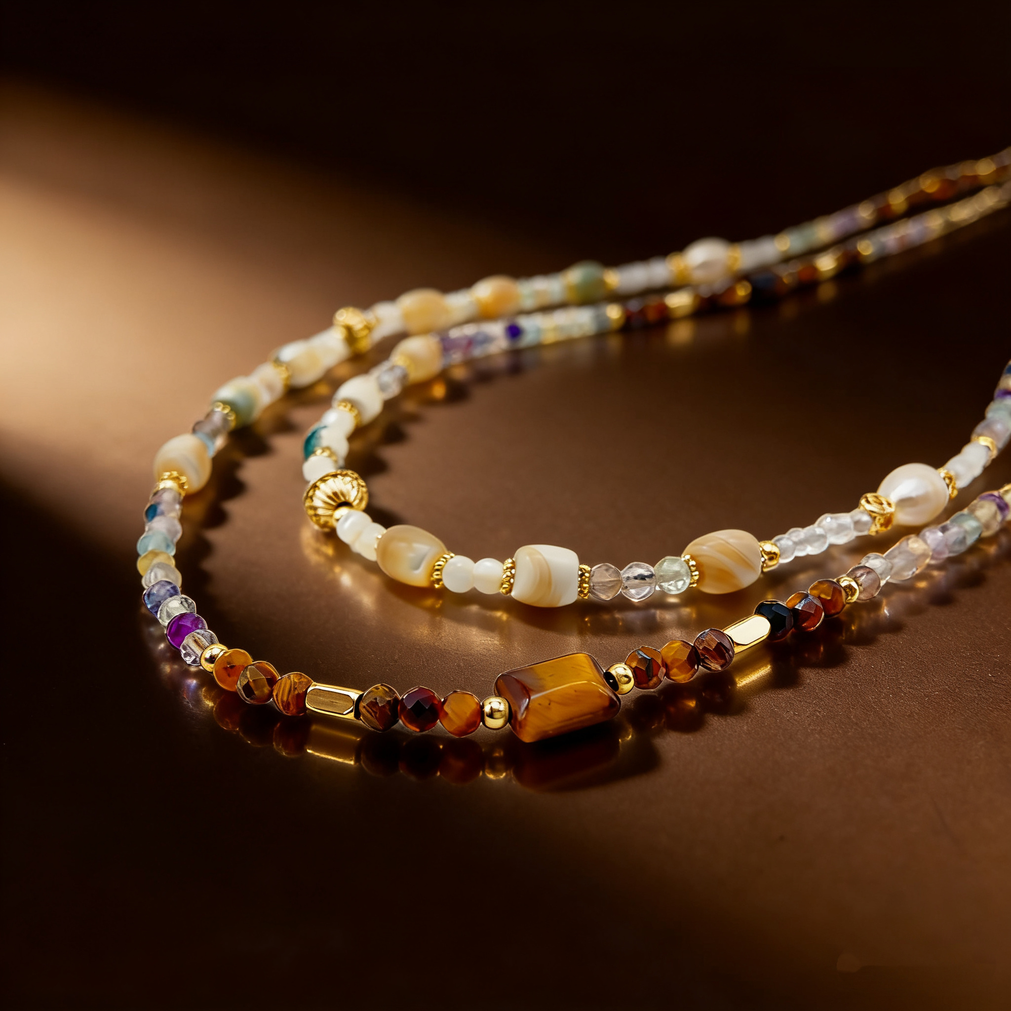 Boho Statement Baroque Pearl Necklace with Tiger's Eye, Fluorite, and Red Jasper