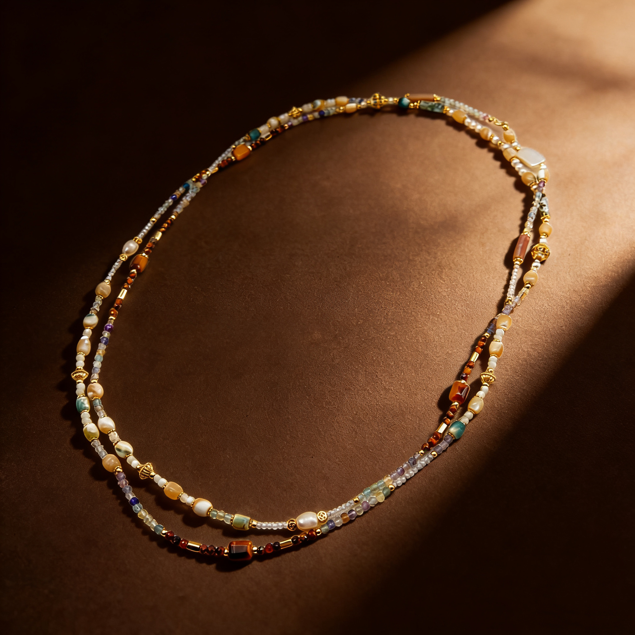 Boho Statement Baroque Pearl Necklace with Tiger's Eye, Fluorite, and Red Jasper